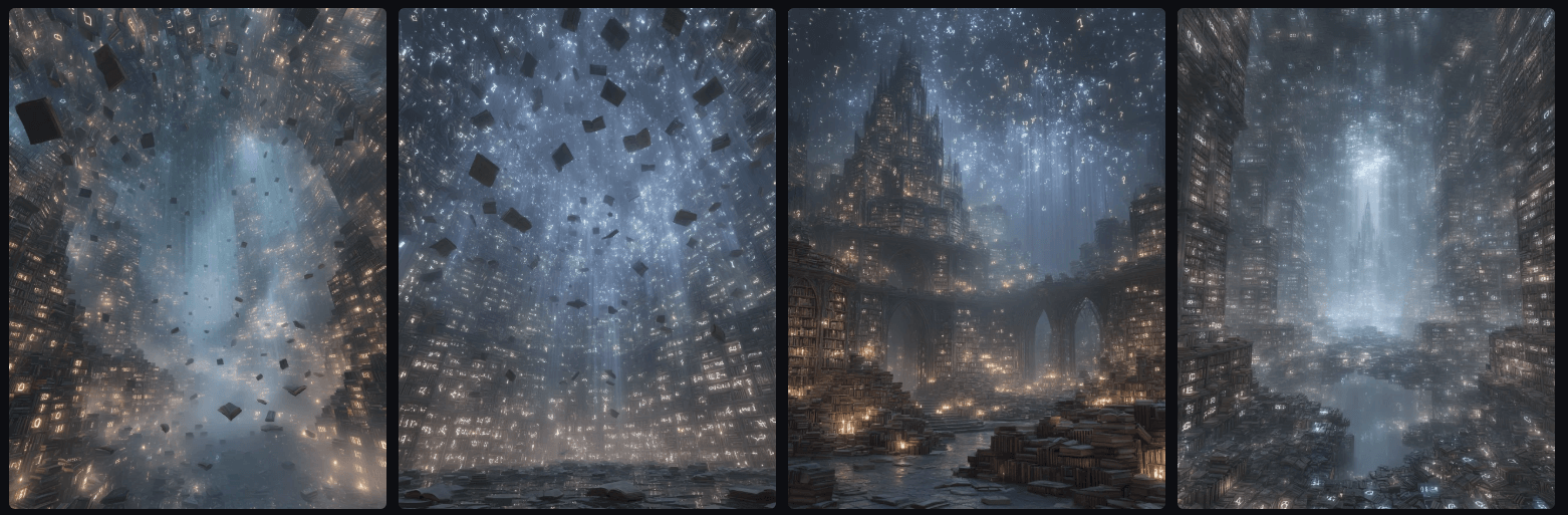 Surreal 스타일 무중력 도서관 이미지 예시_Midjourney