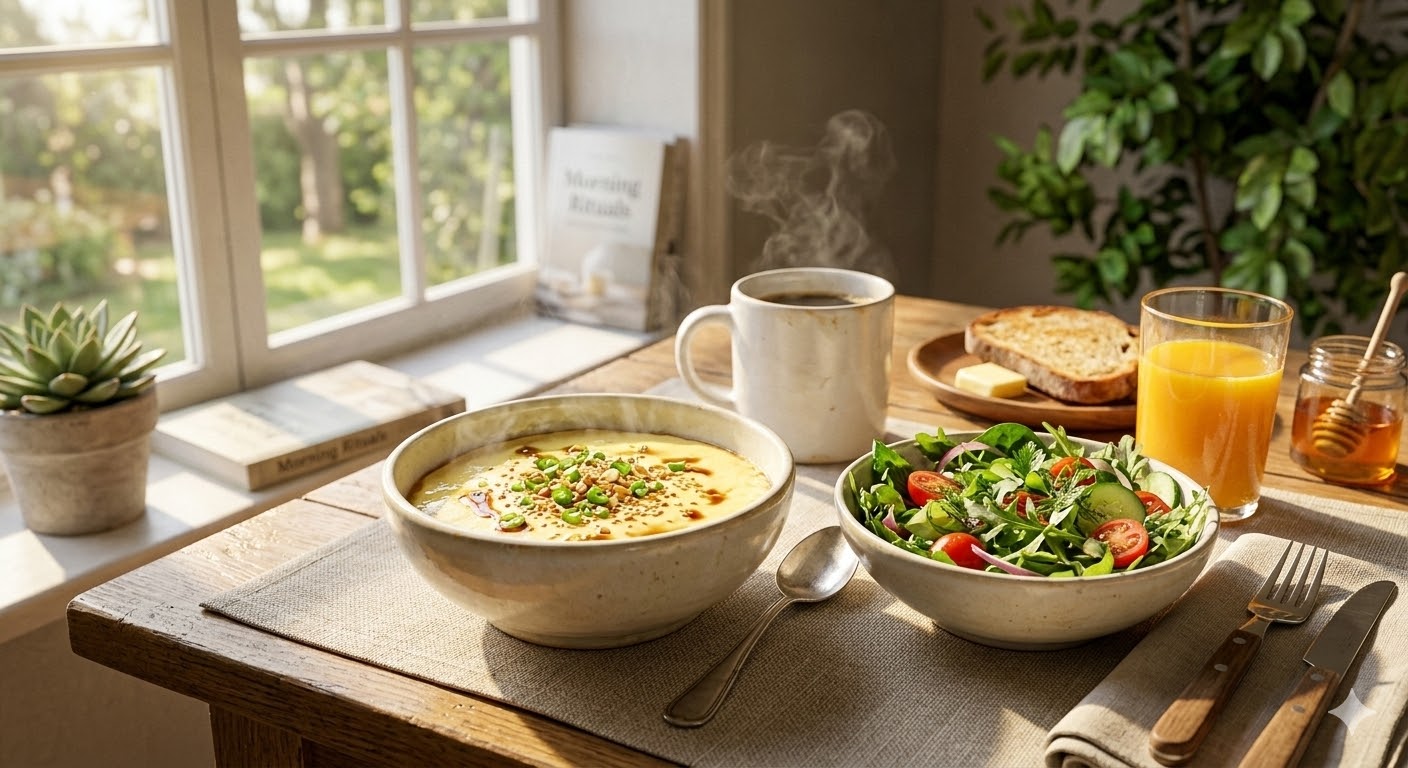 전자레인지에서 갓 꺼낸 김이 모락모락 나는 두부 계란찜과 신선한 샐러드가 놓인 아침 식탁