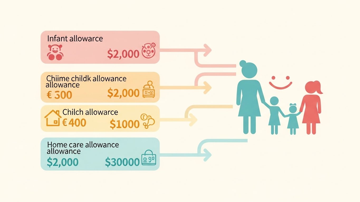 영아수당, 아동수당, 가정양육수당 등 다양한 육아수당 종류와 예상 금액을 보여주는 인포그래픽