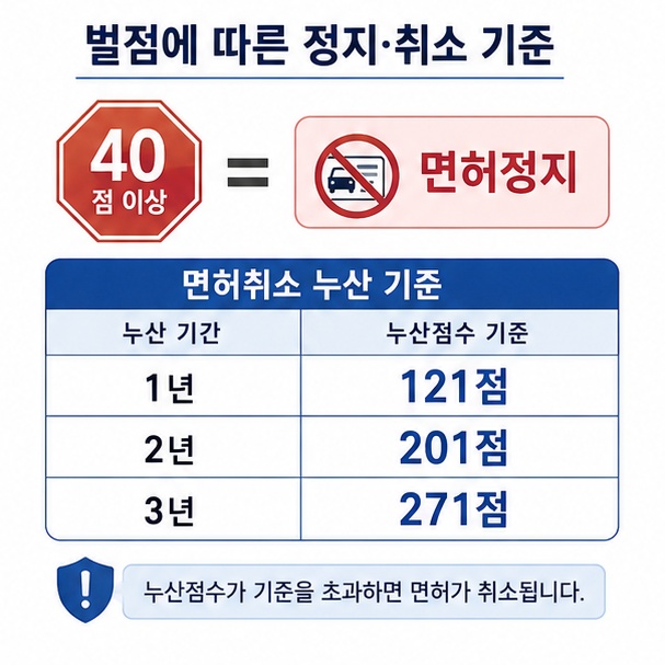 벌점 40점 이상은 면허정지 기준이고 1년 121점, 2년 201점, 3년 271점은 면허취소 누산 기준임을 정리한 이미지