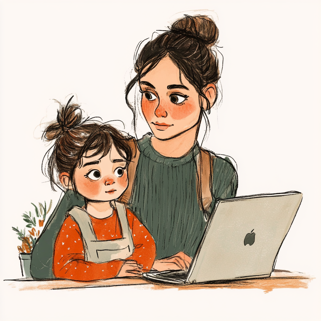 노트북으로 일하면서 자녀를 돌보는 엄마