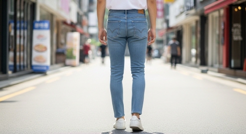 청바지와 하얀 셔츠 차림으로 걷는 사람의 뒷모습