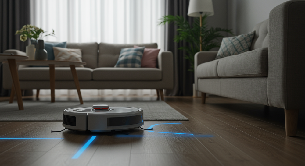 025년 최신 로봇청소기가 거실을 자동 청소하며 완벽한 흡입 및 물걸레 기능을 선보이는 모습