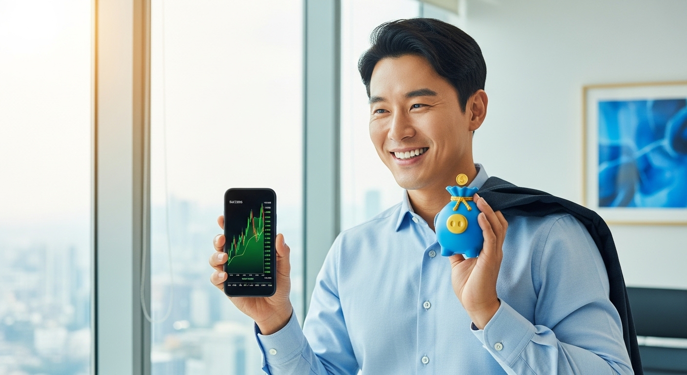 해외 주식 투자로 수익을 본 후 밝게 웃고 있는 한국인 남성 투자자의 모습.