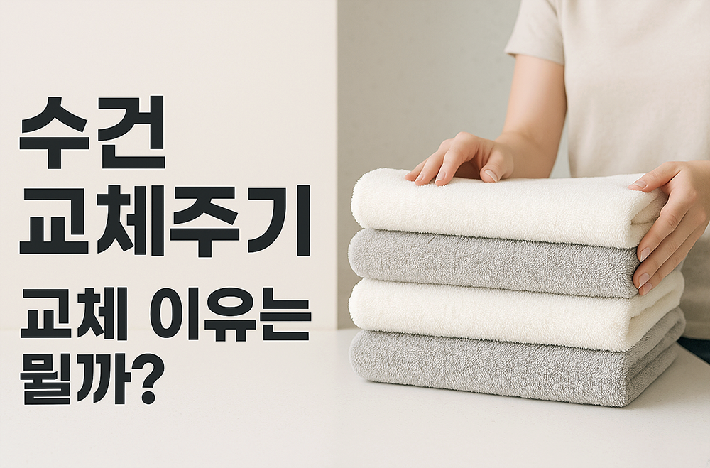 모던한 컬러의 수건이 쌓여 있습니다. 한 여성이 수건을 잡고 있어요.
