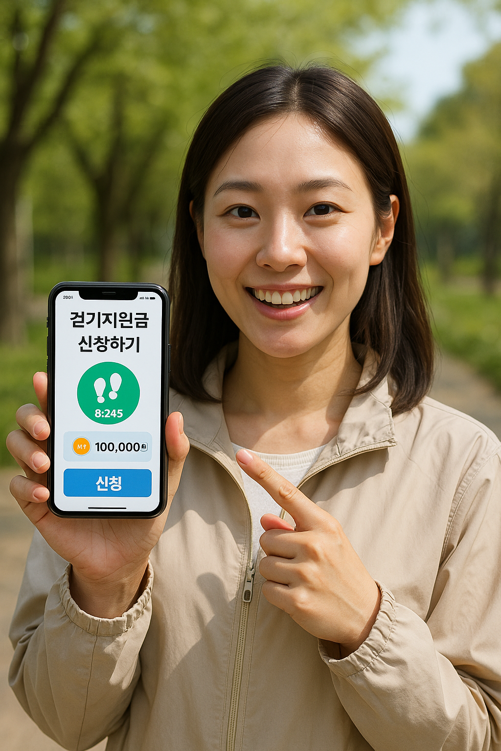 걷기지원금 챌린지에 함께 참여하며 산책 중인 가족이 앱으로 포인트를 확인하는 모습