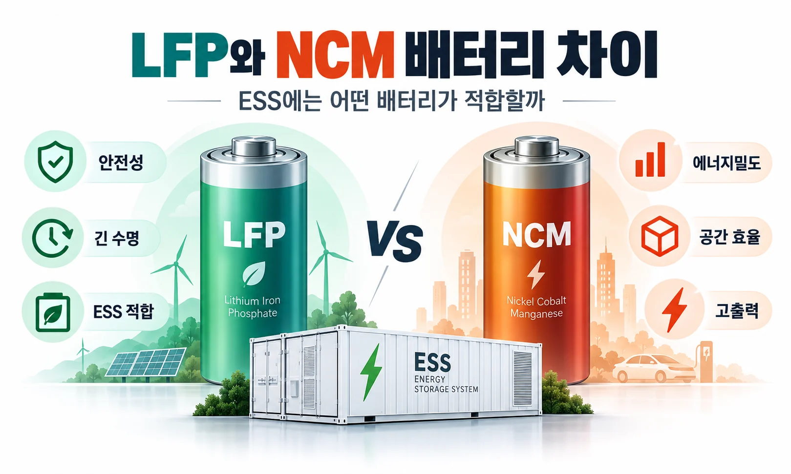 LFP와 NCM 배터리의 안전성 수명 에너지밀도와 ESS 적합성을 비교한 인포그래픽
