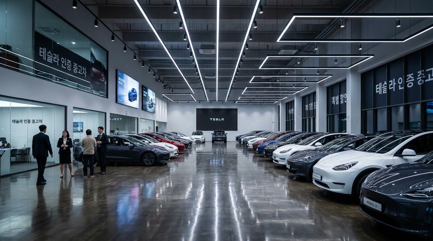 한국 중고차 매장에서 판매 중인 고퀄리티 중고 테슬라 차량들의 모습
