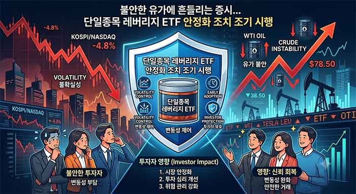 불안한 유가에 흔들리는 증시…단일종목 레버리지 ETF 안정화 조치 조기 시행, 투자자 영향은? 을 현상화한 이미지 입니다.