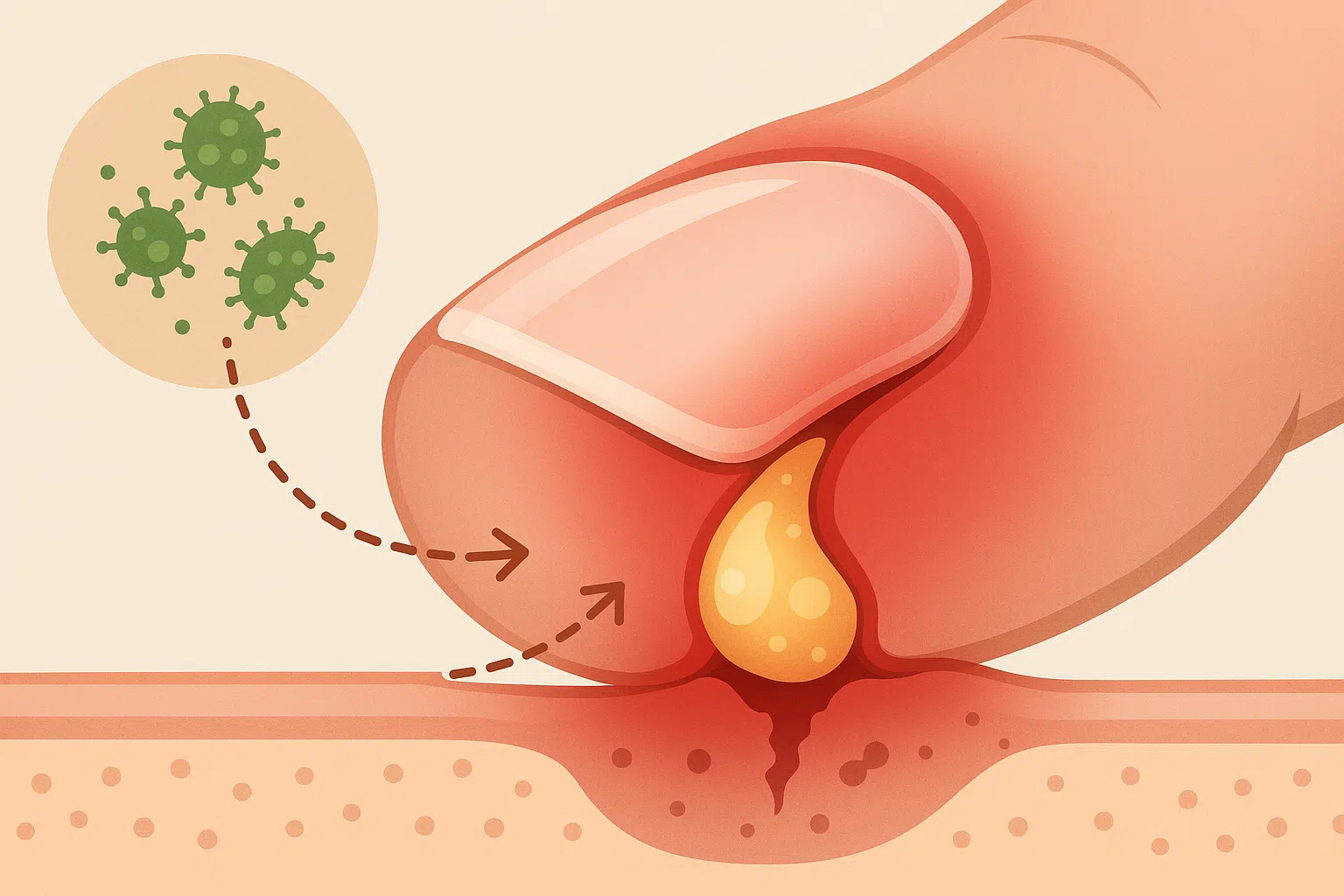 손톱이 피부 안쪽으로 파고드는 내성 손톱 단면도, 붉게 부은 손가락 끝에 고름이 찬 모습, 세균이 침투하는 그래픽, 손톱과 피부 사이의 상처 확대