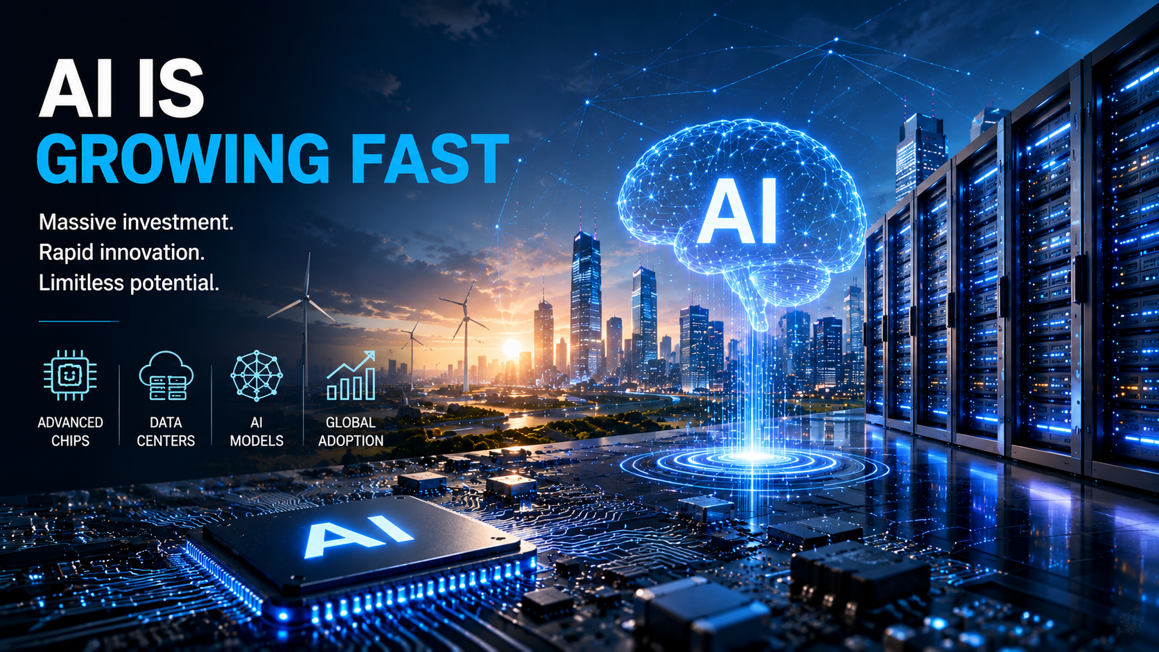 Futuristic AI infrastructure with advanced chips, data centers, digital networks, and artificial intelligence technology driving global innovation and growth.
