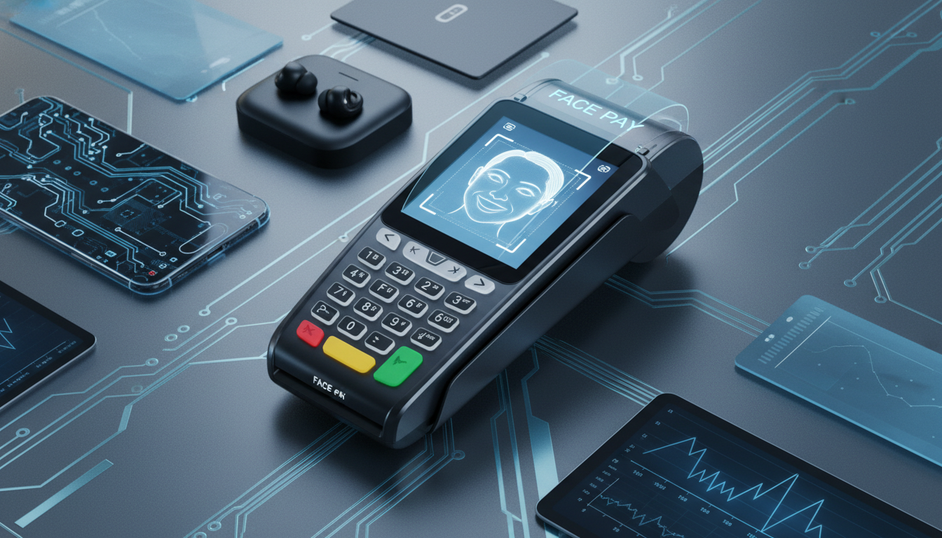 토스 페이스페이를 이용해 지갑 없이 안면 인식으로 결제하는 미래지향적인 2026년 결제 단말기 모습