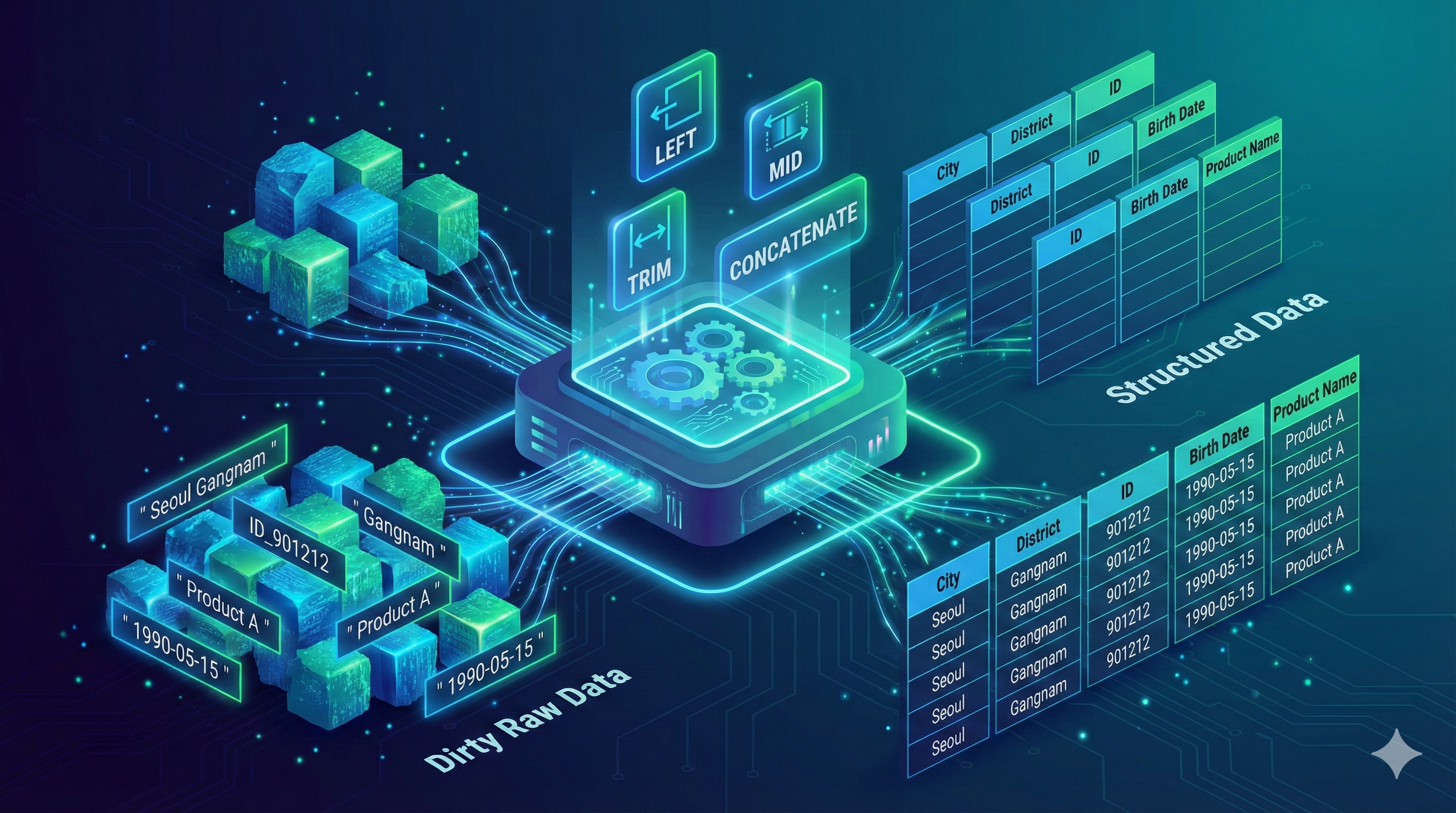 글의 2번 항목에서 다룬 '지저분한 Raw 데이터가 다양한 텍스트 함수(LEFT, MID, TRIM 등)를 거쳐 깨끗하고 구조화된 데이터로 변환되는 과정'을 직관적인 인포그래픽으로 표현합니다.