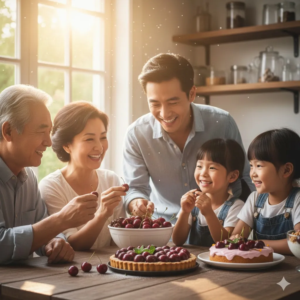 다양한 연령대의 가족 구성원들이 함께 체리를 즐기며 행복해하는 모습. 온 가족의 건강을 책임지는 체리의 긍정적인 이미지를 표현합니다. 