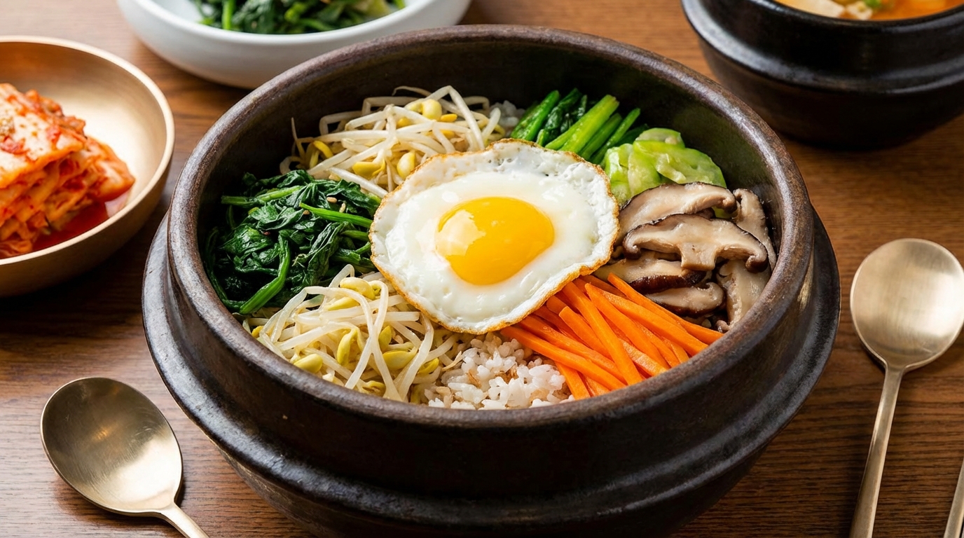 나물이 풍부하고 밥 양을 조절한 건강한 한국식 비빔밥 점심 식단