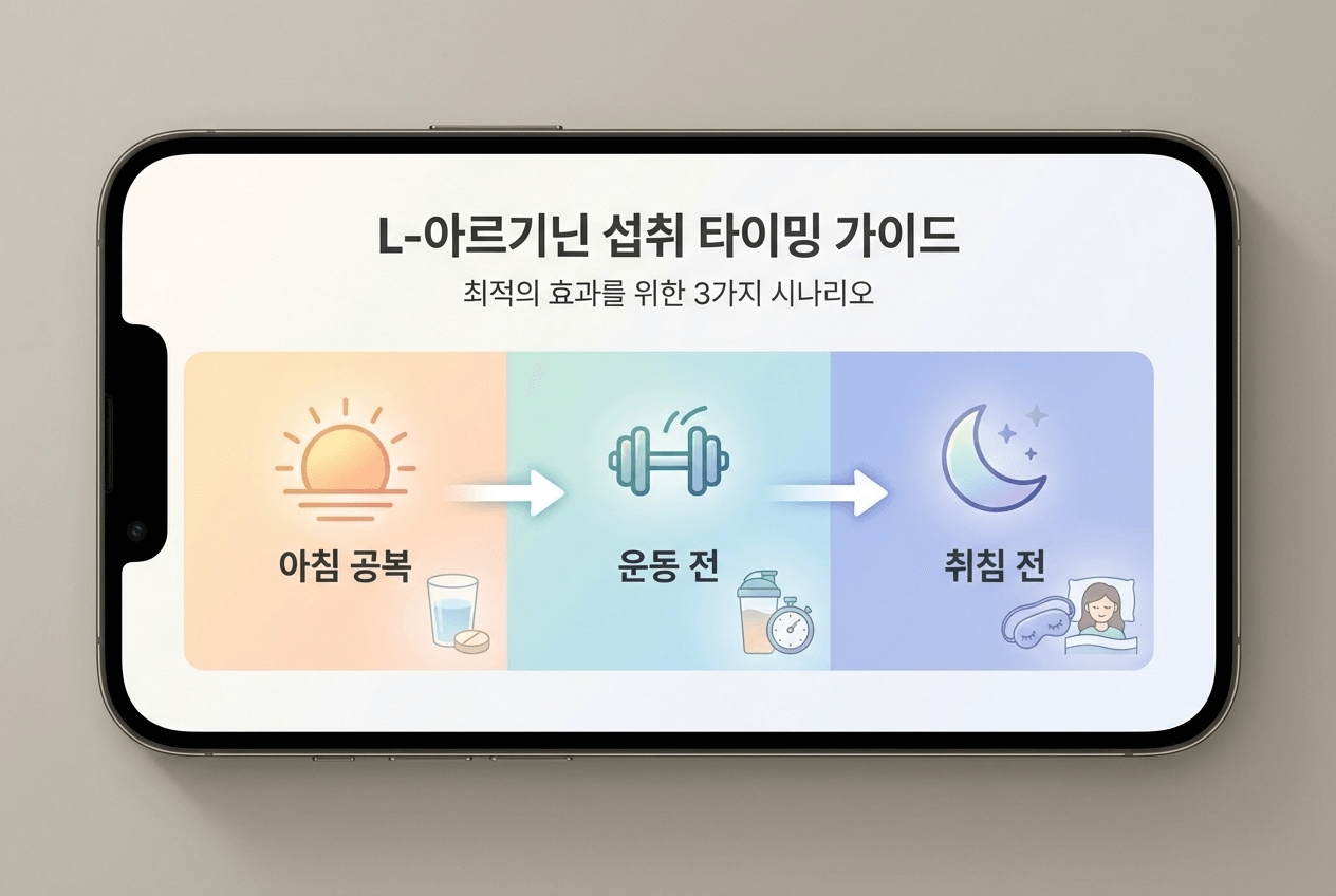 아르기닌 섭취 타이밍별 효과 차이 비교 인포그래픽