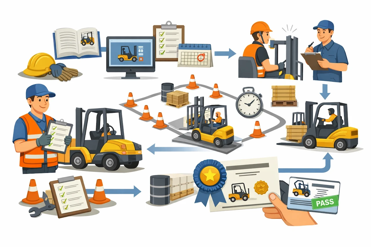 지게차운전기능사 실기 준비부터 시험 진행, 합격 확인까지의 전체 흐름을 아이콘형 일러스트로 보여주는 본문 이미지