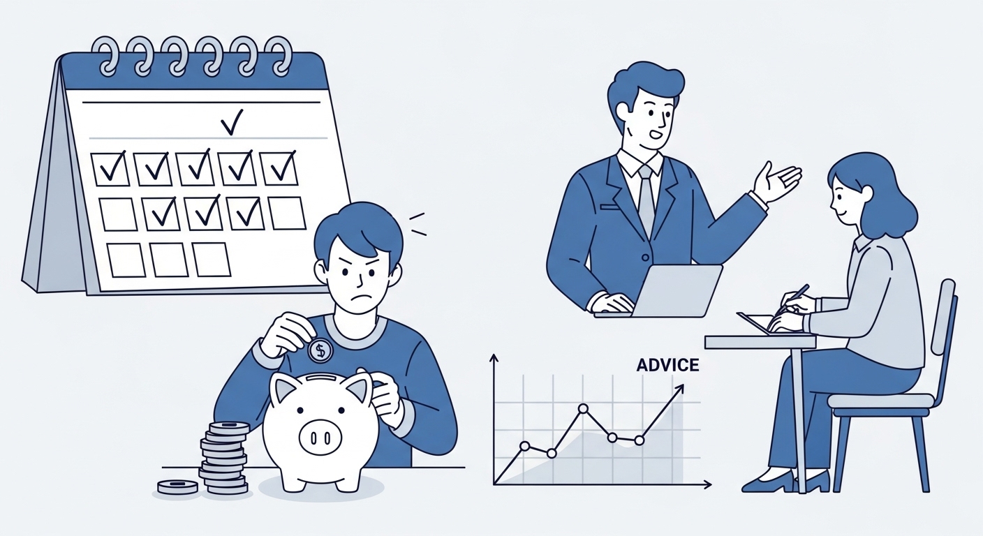 달력, 저금통, 재정 상담 등 효과적인 부채 관리 노하우를 시각적으로 보여주는 이미지. 체계적인 관리와 전문가의 도움을 통해 빚을 줄여나가는 과정을 나타냅니다.