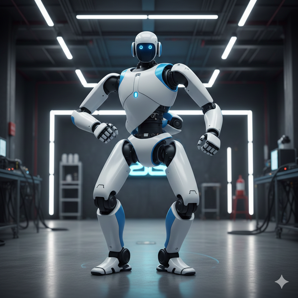 360도 회전하는 관절을 가진 보스턴 다이나믹스 올 뉴 아틀라스 로봇의 전신 모습