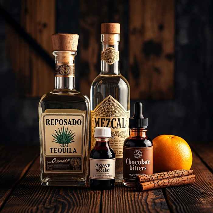 오악사카 올드 패션드 재료 - 레포사도 데킬라, 메스칼, 아가베 시럽