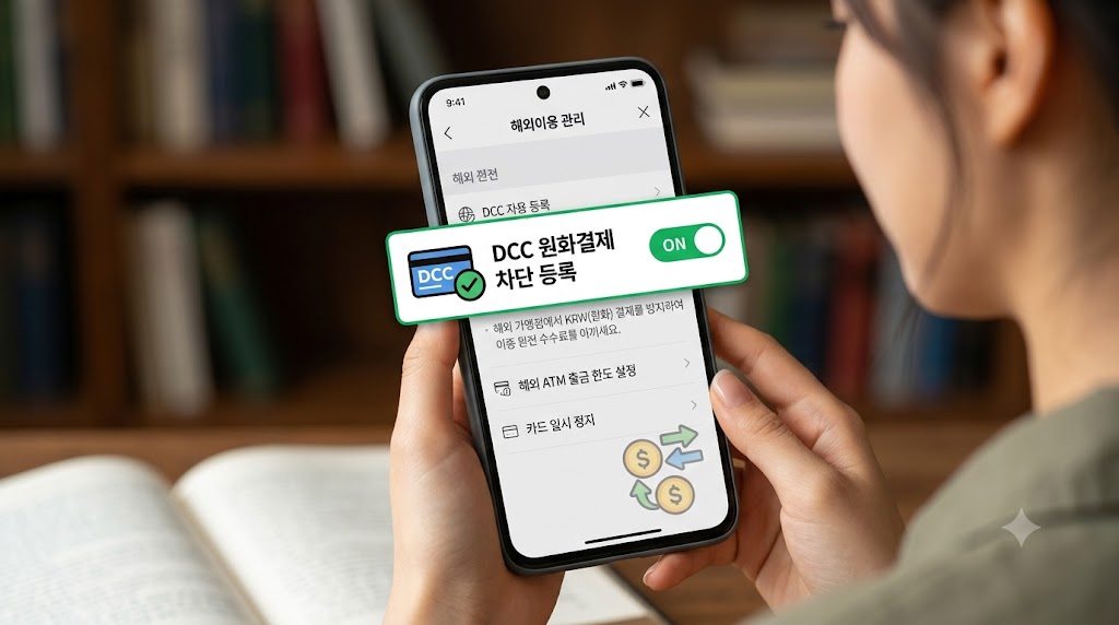 스마트폰 카드사 모바일 앱에서 해외이용 통제 메뉴로 진입하는 설정 단계 화면