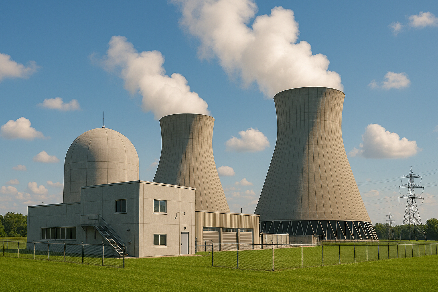 Nuclear power facility with twin cooling towers releasing steam, containment dome, and high-voltage lines under a sunny blue sky
