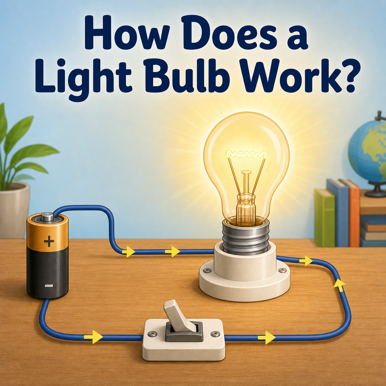 A simple educational illustration showing how a light bulb works