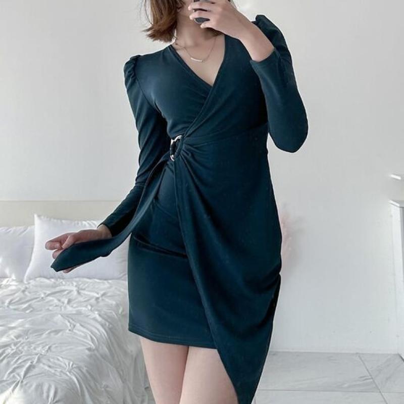 여자 청록색 랩스타일 빅버클 퍼프소매 긴팔 원피스