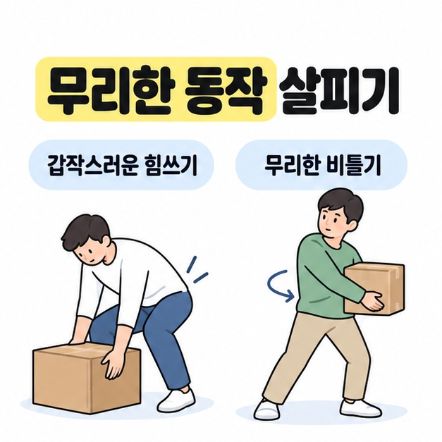 갑작스러운 힘쓰기와 무리한 비틀기 레이블 아래 상자를 들어 올리거나 상자를 든 채 몸을 돌리는 두 장면