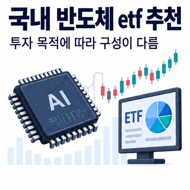 국내 반도체 ETF 추천과 산업 전체 TOP10 AI반도체 장비주 네 가지 투자 유형을 비교한 금융 교육 이미지