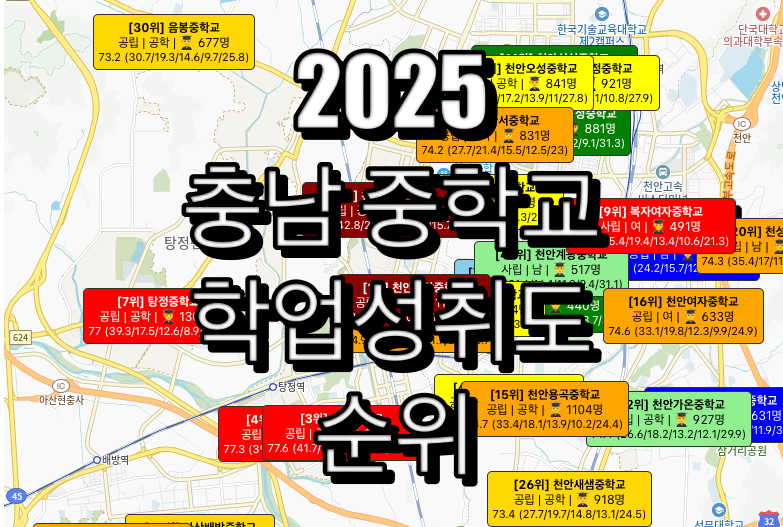충남 중학교 순위 지도