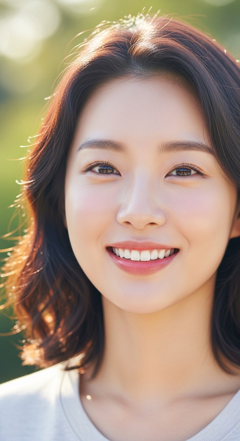 맑고 투명한 피부를 가진 여성이 환하게 웃고 있는 모습