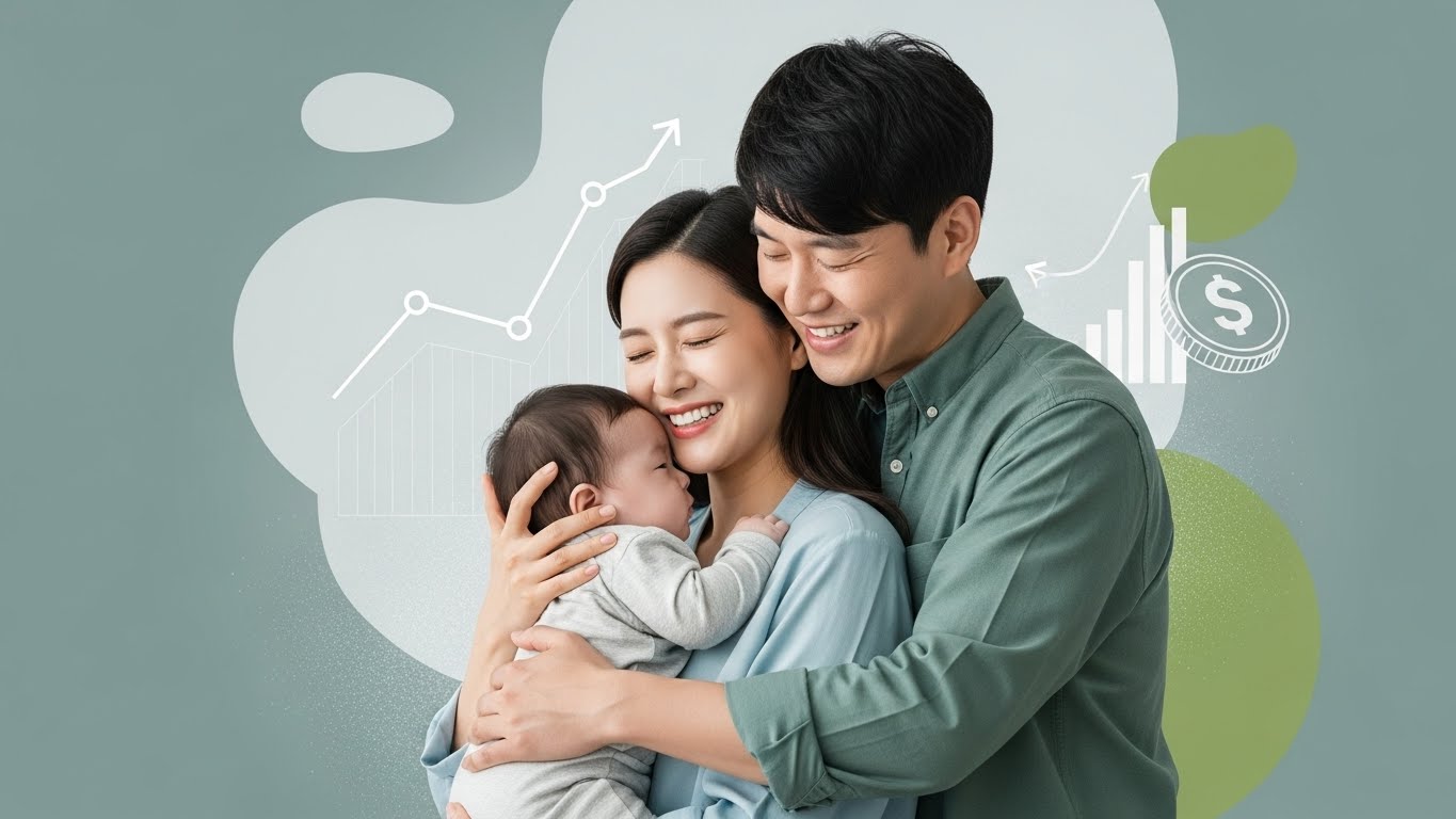 2025년 육아휴직 급여 인상으로 미소 짓는 한국인 워킹맘, 워킹대디 부부와 아기 가족의 행복한 모습
