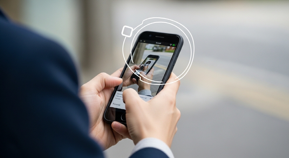 휴대폰을 확대해서 보는 손