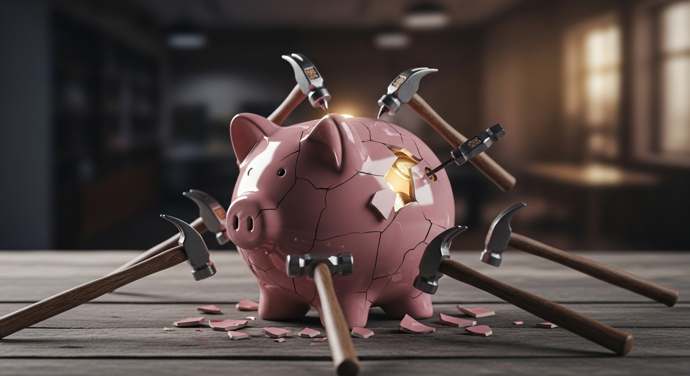 세금, 수수료라고 적힌 망치들이 투자 수익 저금통을 쪼개는 모습