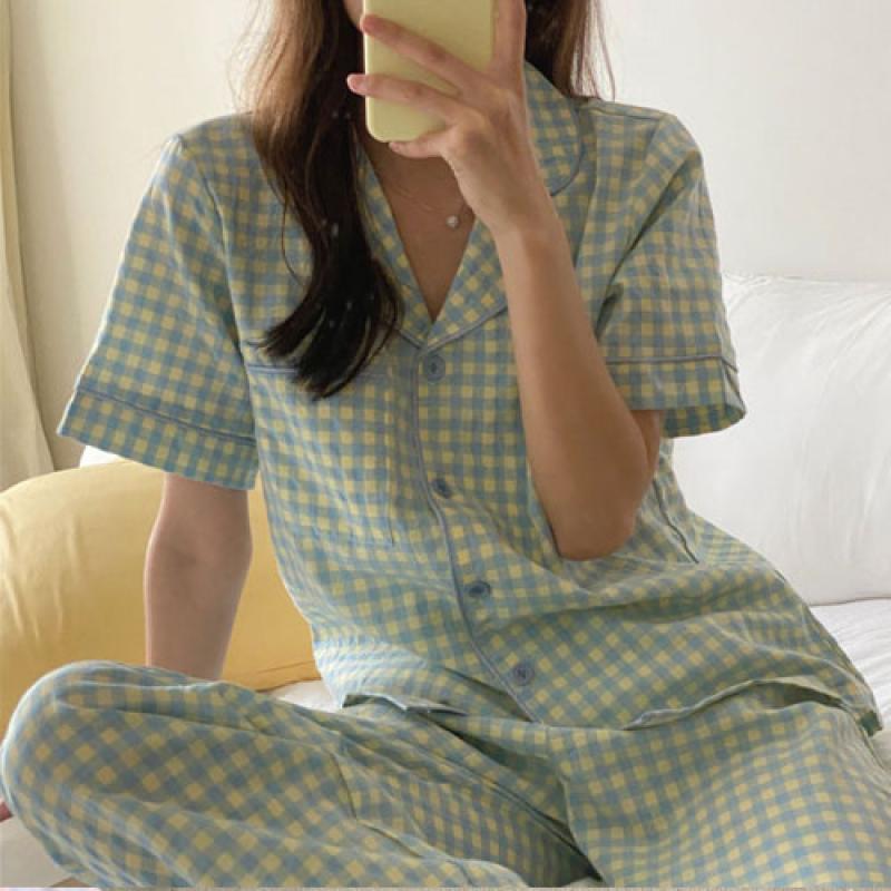 무드문 포켓체크 반팔 상하세트 파자마 잠옷