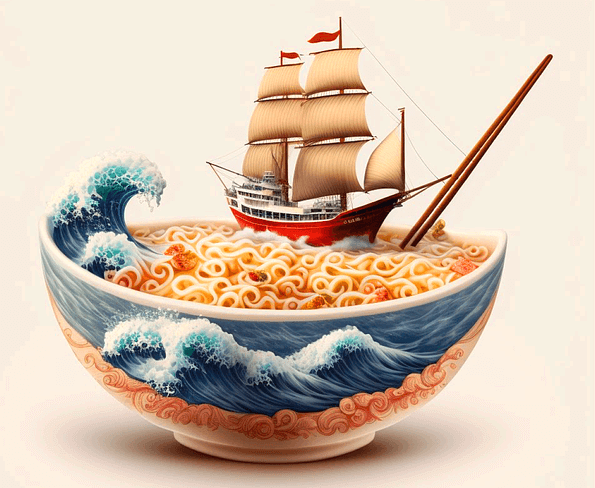 파도 치는 그림이 그려진 그릇에 라면이 가득하고 그 위에는 돛단배가 있다.