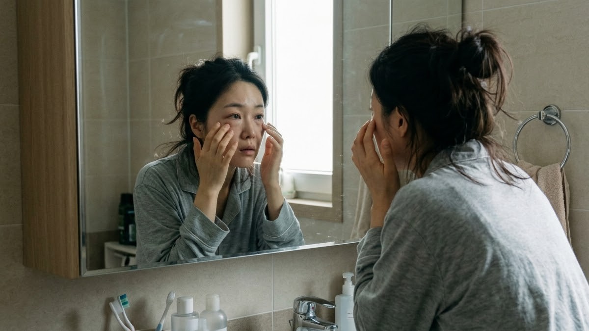 아침 욕실 거울 앞에서 부은 얼굴을 만져 보는 30대 여성