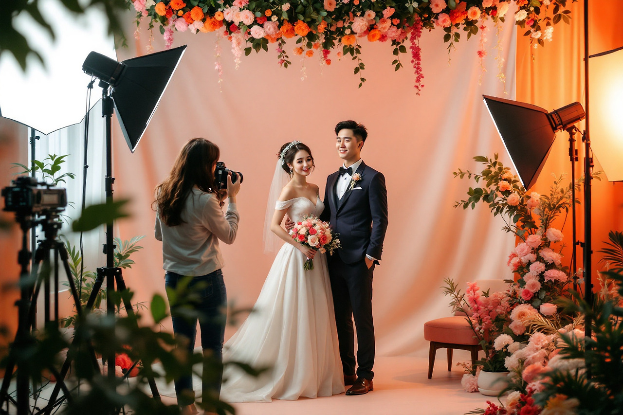 스튜디오 에서 사진찍고 있는 예비 신랑,신부