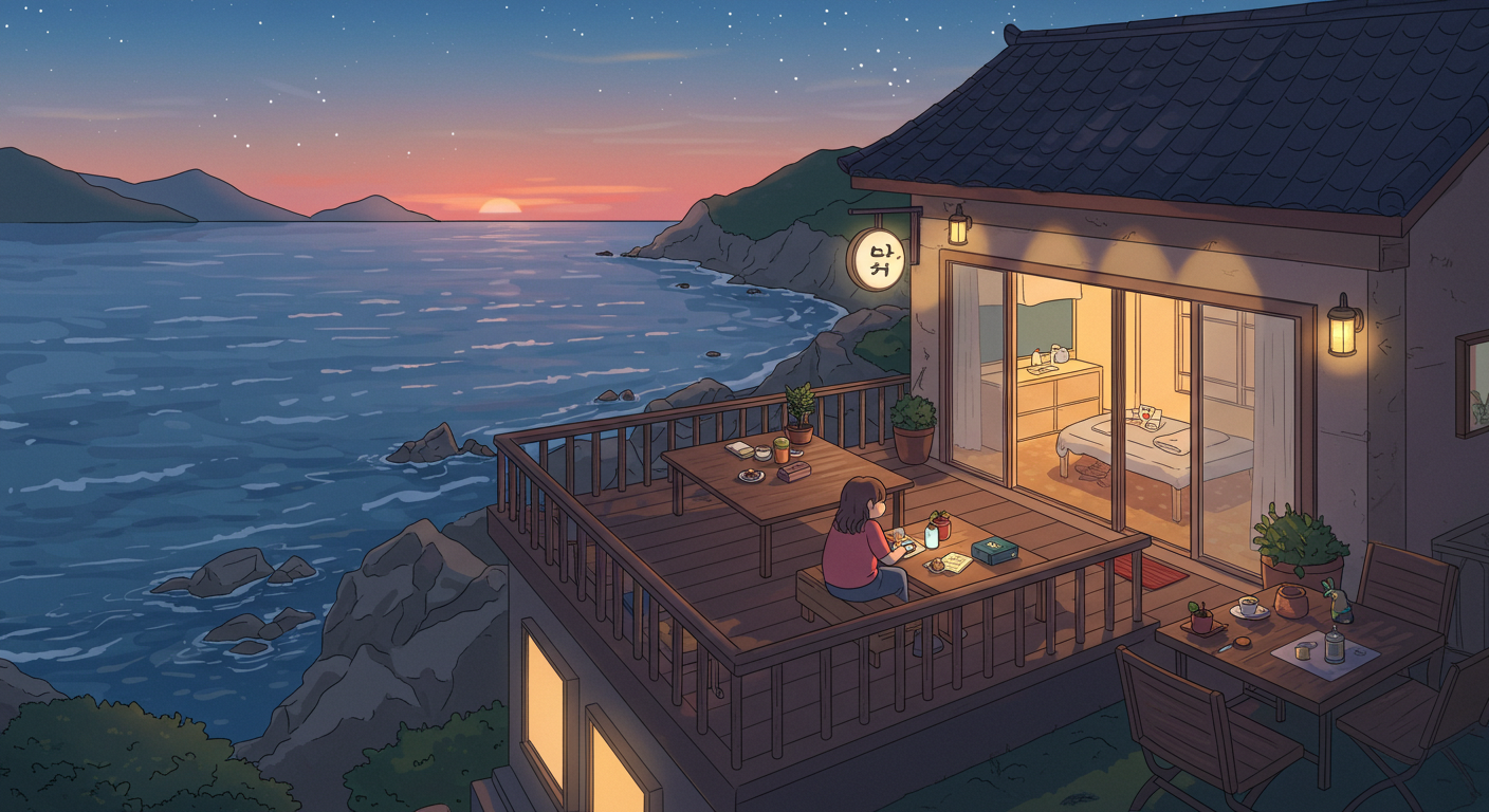 바다 전망 테라스를 갖춘 부산 감성 펜션 일러스트