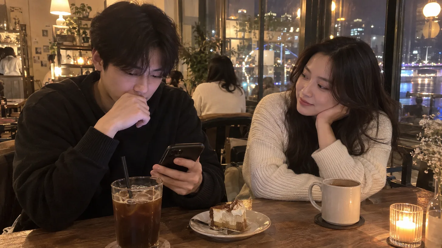 저녁 카페 테이블에서 휴대폰으로 모임 단톡방에 인사말을 쓰는 사람