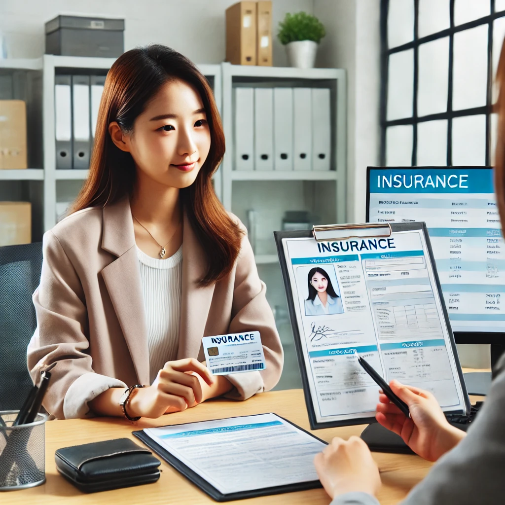 보험사 상담실에서 신분증과 보험 증권을 들고 상담 중인 한국 여성, 밝고 전문적인 분위기의 사무실 배경