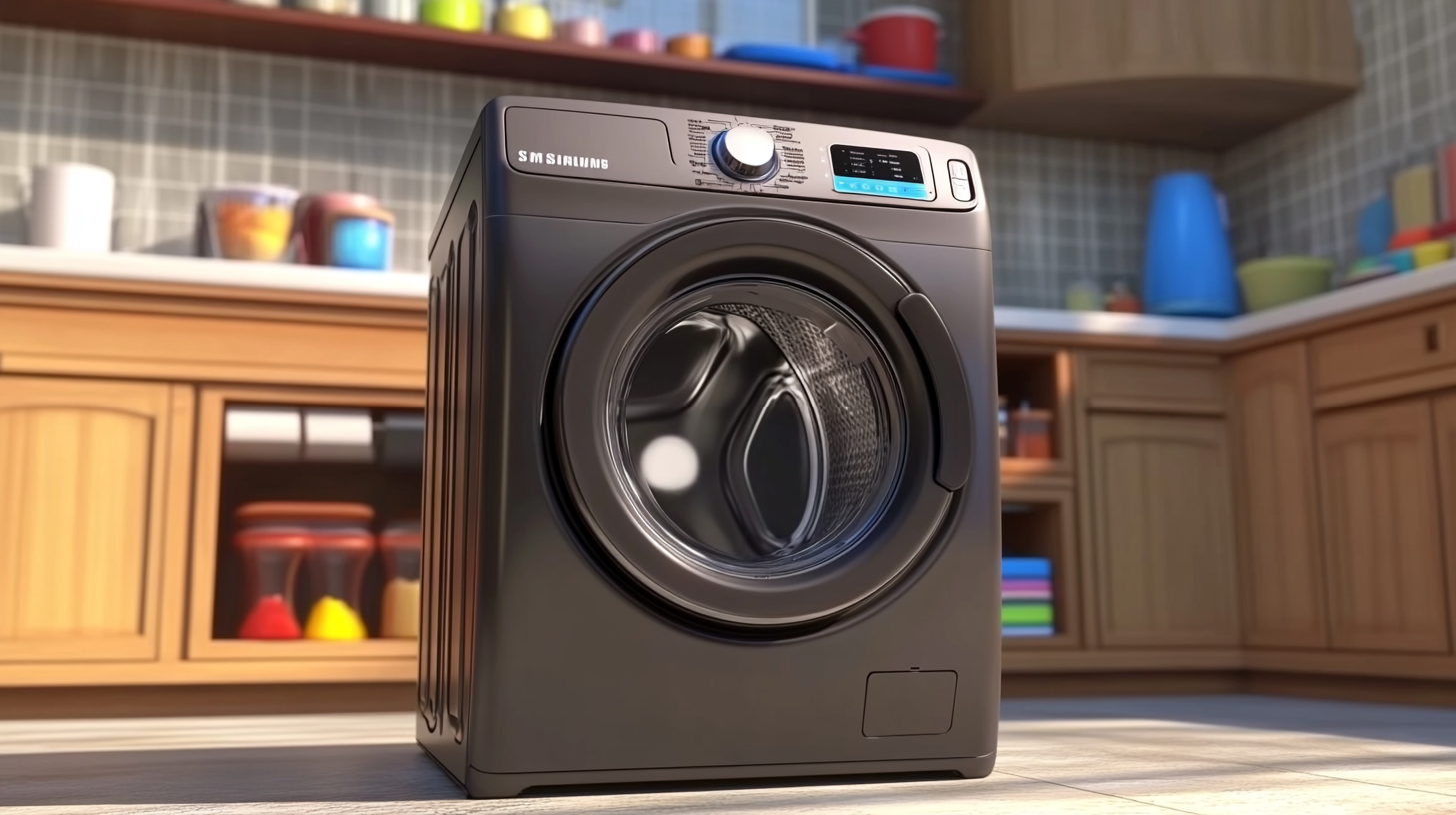 미래지향적인 주방 환경에서 스마트 기능이 강조된 삼성 WW10T684DLH, 고가형 세탁기의 최첨단 기술을 묘사한 이미지.