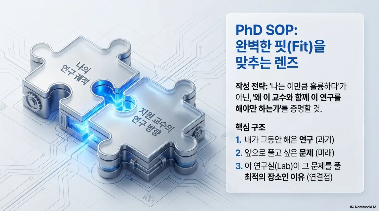 박사 SOP의 핵심인 연구 적합성을 두 퍼즐 조각이 맞물리는 모습으로 표현한 이미지. 나의 연구 궤적과 지원 교수의 연구 방향을 연결하는 작성 전략과 과거 현재 미래로 이어지는 핵심 구조를 설명. 