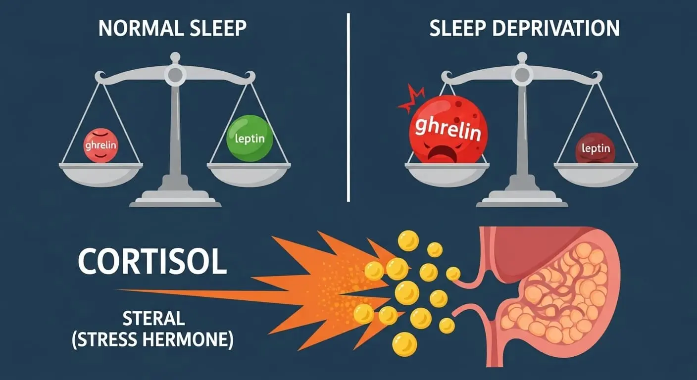 수면 부족으로 인한 그렐린(식욕), 렙틴(포만감) 호르몬 불균형과 뱃살을 유발하는 코르티솔 호르몬의 영향