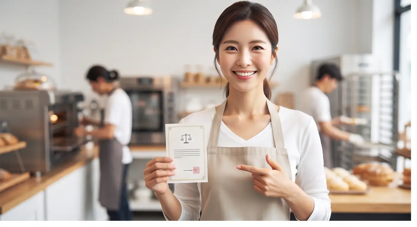 제과점 매장에서 앞치마를 두르고 정책 자금 안내 서류를 들며 미소 짓고 있는 여성 사장
