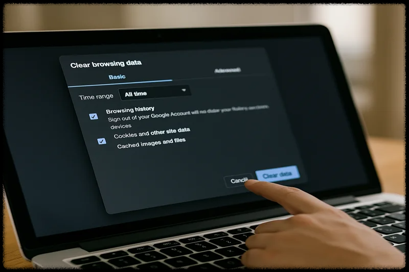 사용자가 브라우저에서 캐시와 쿠키를 삭제하려고 하는 모습