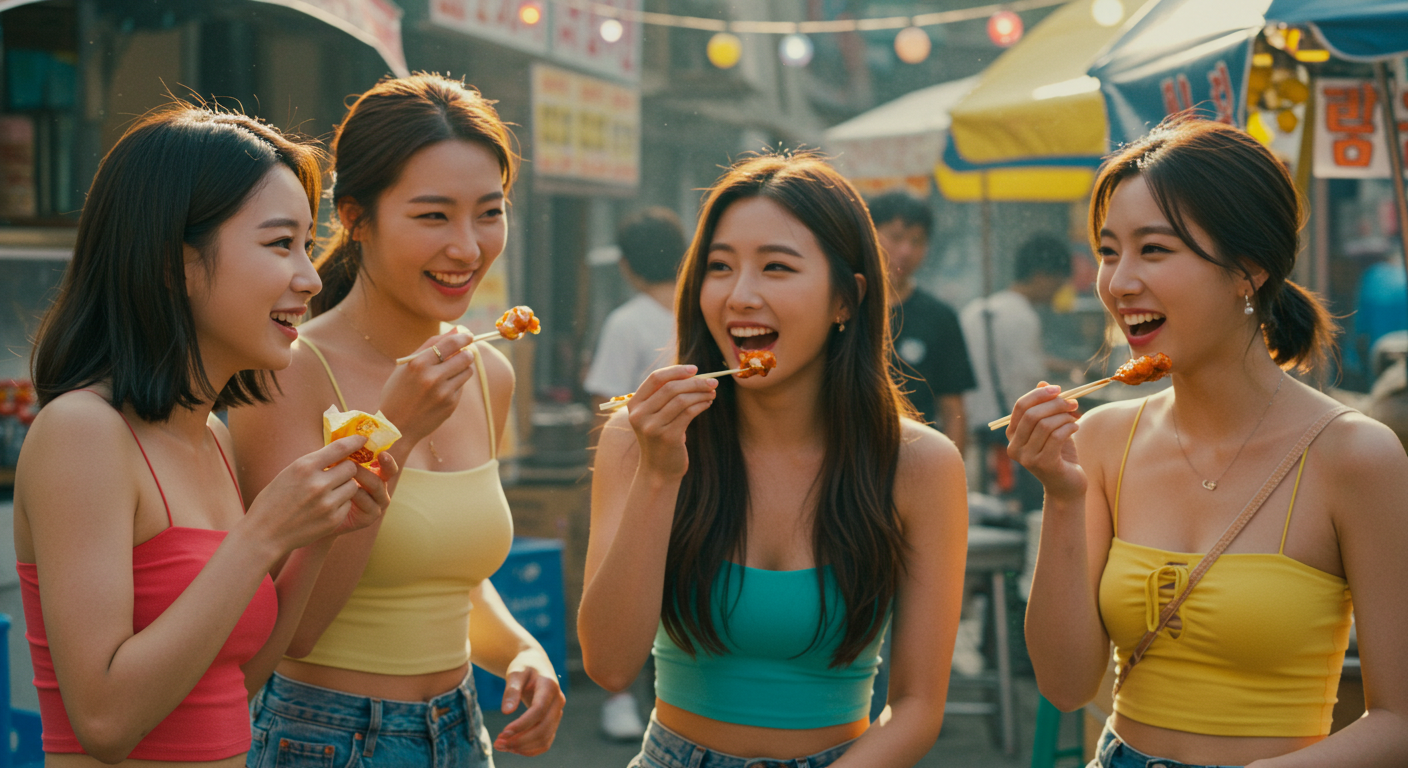 시장음식을 먹는 여성들