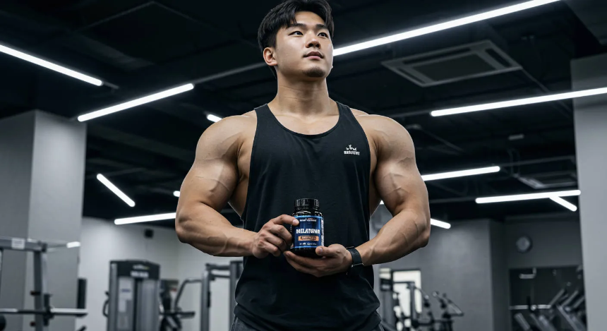 헬스장에서 멜라토닌 영양제를 들고 있는 남성 이미지