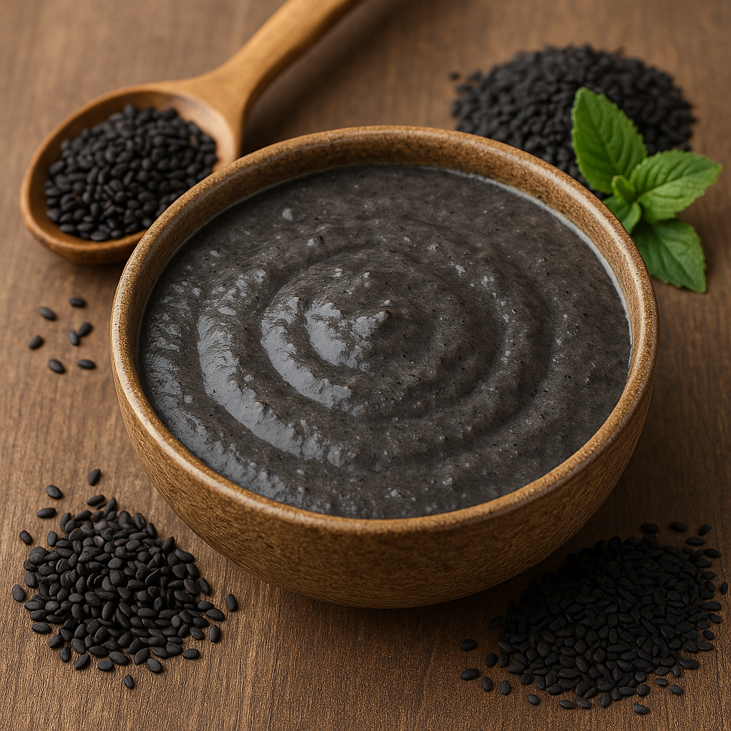 흑임자죽과 흑임자, 나무숟가락, 깨 잎이 어우러진 자연 건강식 장면